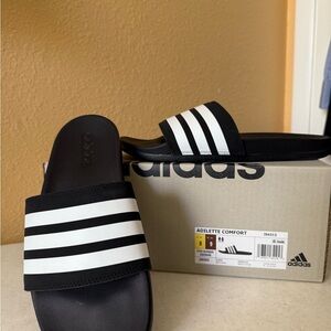 Adidas Adilette Comfort Slides in Black and White